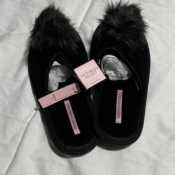 Victoria's Secret Black Furry Pom Pom Slippers - Picture 2 of 5
